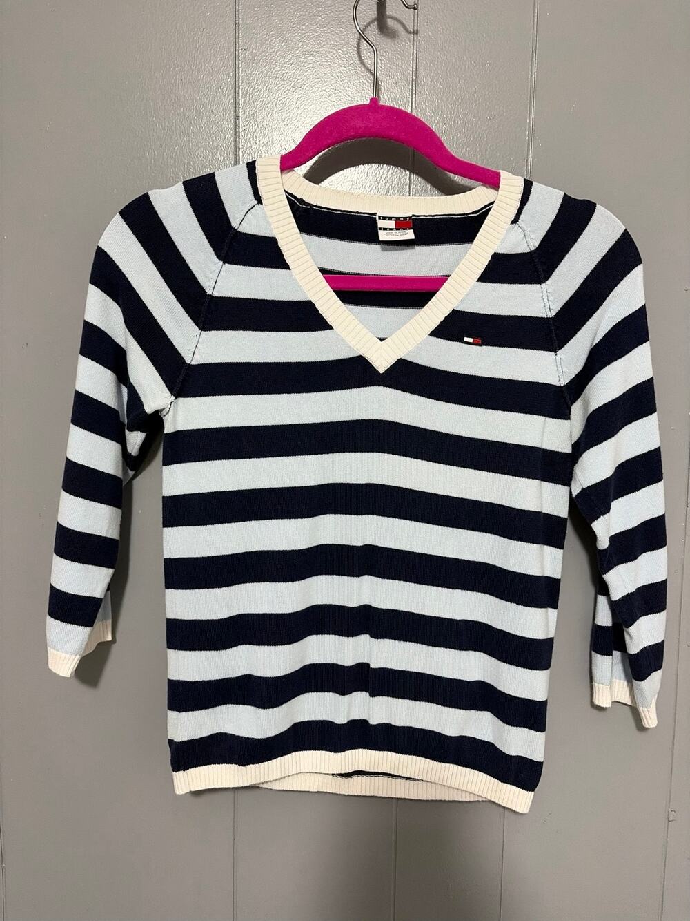 Tommy Jeans Vintage Y2K Blue Striped Cotton V-neck 2002 Preppy  Sweater M